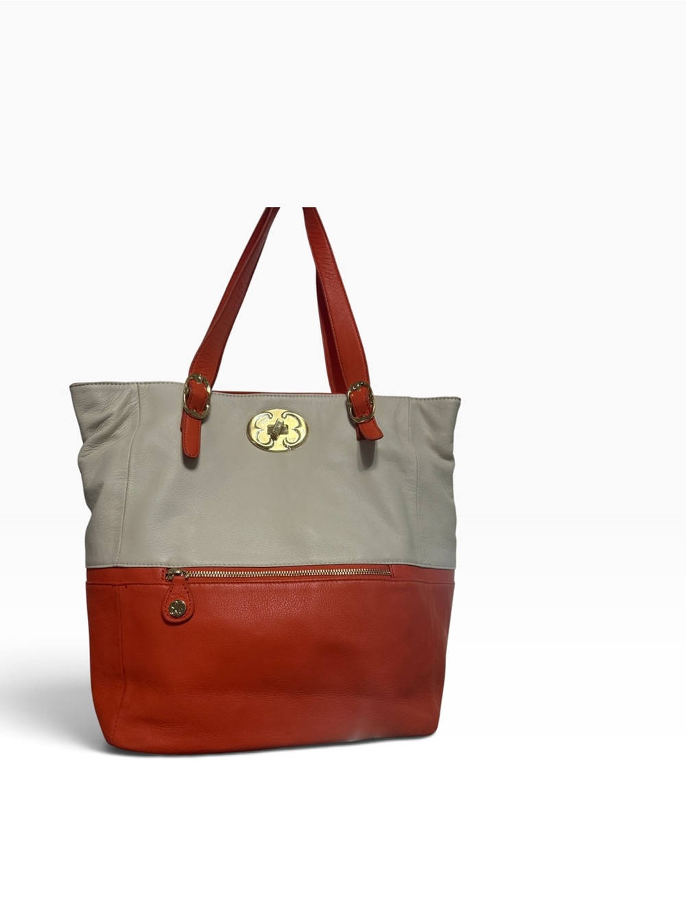 Emma Fox Two-Tone Leather Tote - Cream & Red-Orange